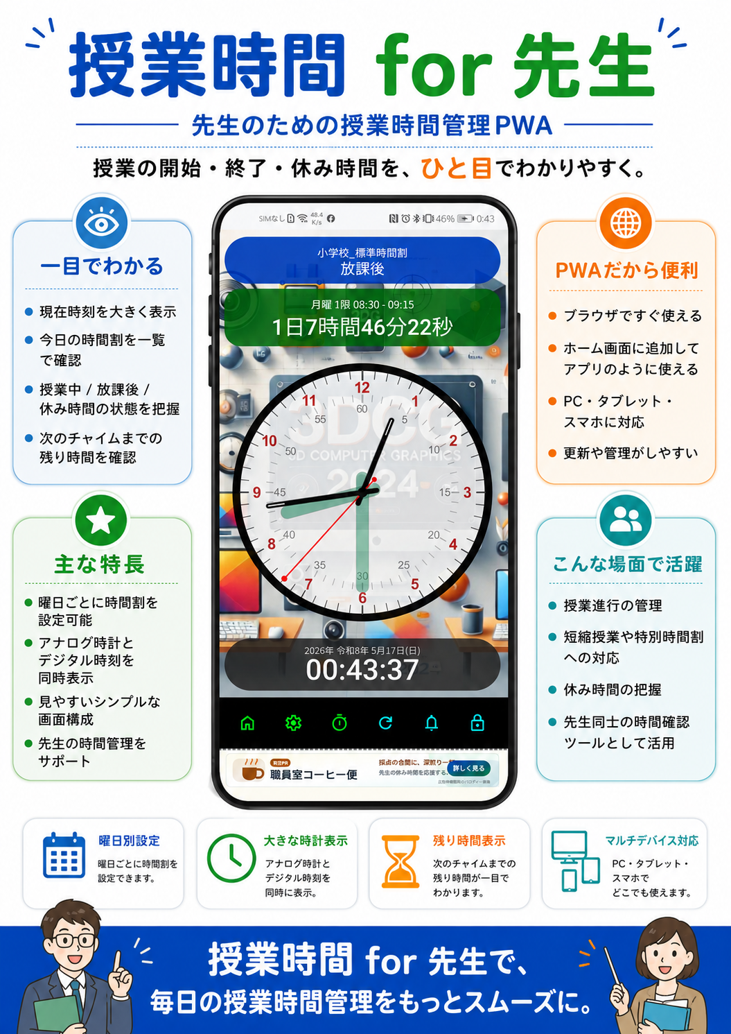 授業時間 for 先生の目的、主な機能、PWA対応、利用シーンをまとめたインフォグラフィック