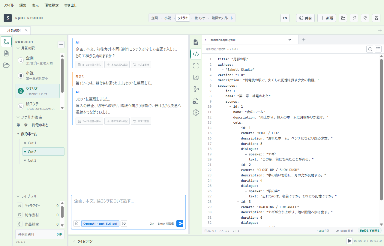 制作フロー、AI会話、SpDL脚本を並べた統合ワークスペース